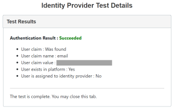 The Identity Provider Test Details screen displays the authentication result as succeeded in green text. The details are listed below in black text.